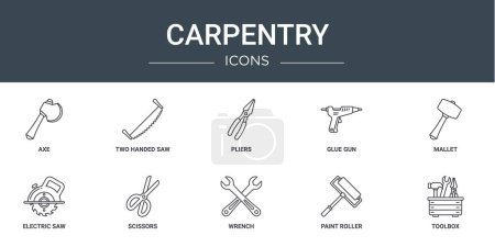 set of 10 outline web carpentry icons such as axe, two handed saw, pliers, glue gun, mallet, electric saw, scissors vector icons for report, presentation, diagram, web design, mobile app