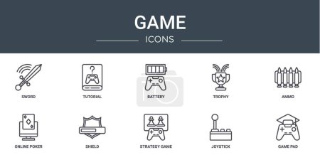 conjunto de 10 iconos del juego web esquema como espada, tutorial, batería, trofeo, munición, póker en línea, iconos de vector de escudo para el informe, presentación, diagrama, diseño web, aplicación móvil