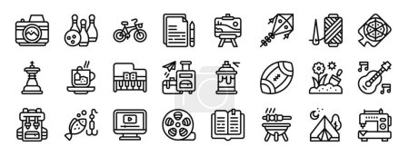 Satz von 24 umrissenen Web-Hobbys und Freizeit-Symbole wie Kamera, Bowling, Fahrrad, Schreiben, Malen, Drachen, Gewindevektorsymbole für Bericht, Präsentation, Diagramm, Webdesign, mobile App