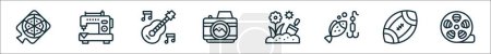 outline set of hobbies and free time line icons. linear vector icons such as pizza, sewing hine, guitar, camera, gardening, fishing, rugby ball, film