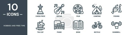 Hobbys und Freizeit umreißen Symbolset umfasst dünne Linie Schachfigur, Gitarre, Film, Camping, Angeln, Teetasse, Piano-Symbole für Bericht, Präsentation, Diagramm, Webdesign