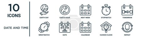 date and time outline icon set such as thin line earth day, next week, tomorrow, date, cuckoo clock, repeat, wristwatch icons for report, presentation, diagram, web design