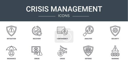 set of 10 outline web crisis management icons such as mitigation, recovery, contingency, analysis, security, insurance, error vector icons for report, presentation, diagram, web design, mobile app