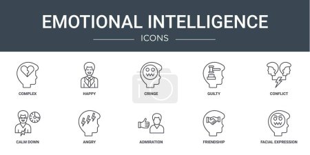 set of 10 outline web emotional intelligence icons such as complex, happy, cringe, guilty, conflict, calm down, angry vector icons for report, presentation, diagram, web design, mobile app