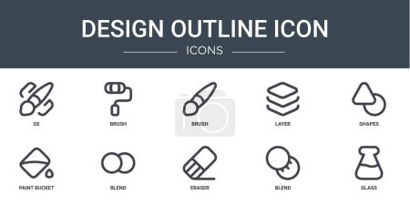 Illustration for Set of 10 outline web design outline icon icons such as de, brush, brush, layer, shapes, paint bucket, blend vector icons for report, presentation, diagram, web design, mobile app - Royalty Free Image