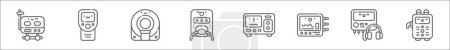 outline set of medical electronic devices line icons. linear vector icons such as infant incubator, oxygen, mri, medical irrigation pump, insufflator, physiologic monitoring system, audiometer, ct