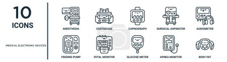 Medizinische elektronische Geräte umreißen Symbolset wie dünne Linie Anästhesie, Kapnograph, Audiometer, Fetalmonitor, Apnoe-Monitor, Körperfett, Fütterungspumpe Symbole für Bericht, Präsentation, Diagramm, Web