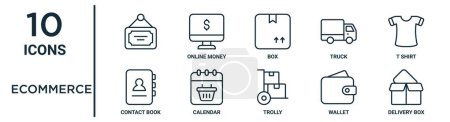 E-Commerce-Outline-Symbolset wie dünne Linie, Box, T-Shirt, Kalender, Brieftasche, Lieferbox, Kontaktbuch-Symbole für Bericht, Präsentation, Diagramm, Webdesign