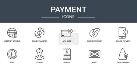 set of 10 outline web payment icons such as internet banking, money transfer, atm card, secure payment, online payment, coin, region vector icons for report, presentation, diagram, web design,