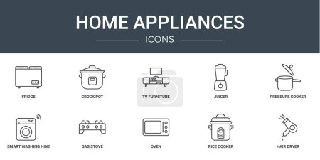 set of 10 outline web home appliances icons such as fridge, crock pot, tv furniture, juicer, pressure cooker, smart washing hine, gas stove vector icons for report, presentation, diagram, web