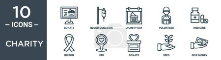 Charity Outline Icon Set enthält dünne Linie spenden, Blutspende, Charity Day, Freiwillige, Medizin, Band, Pin-Icons für Bericht, Präsentation, Diagramm, Webdesign