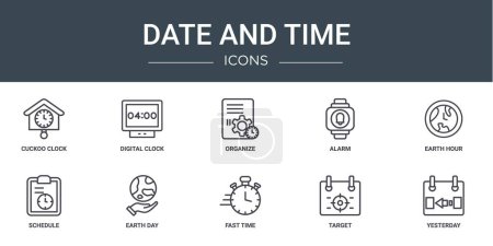 10 umrissene Web-Datums- und Uhrzeitsymbole wie Kuckucksuhr, Digitaluhr, Organisieren, Wecker, Erdstunde, Zeitplan, Erdtag-Vektorsymbole für Bericht, Präsentation, Diagramm, Webdesign, mobile App