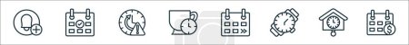 outline set of date and time line icons. linear vector icons such as add alarm, today, alert, tea time, next week, wristwatch, cuckoo clock, payday