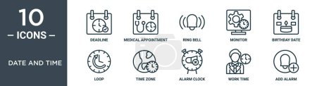 date and time outline icon set includes thin line deadline, medical appointment, ring bell, monitor, birthday date, loop, time zone icons for report, presentation, diagram, web design