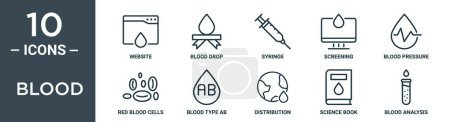conjunto de iconos de esquema de sangre incluye sitio web de línea delgada, gota de sangre, jeringa, cribado, presión arterial, glóbulos rojos, tipo ab iconos para el informe, presentación, diagrama, diseño web