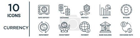 conjunto de iconos de esquema de moneda, como depósito seguro de línea delgada, proteger, bitcoin, inversión, edificio bancario, tipo de cambio, iconos de reembolso para el informe, presentación, diagrama, diseño web