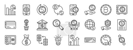 jeu de 24 icônes de devises Web de contour tels que le graphique, Bitcoin, remboursement, taux de change, paiement mobile, dollar, icônes vectorielles Bitcoin pour rapport, présentation, diagramme, conception Web, application mobile