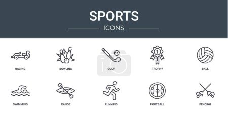 set of 10 outline web sports icons such as racing, bowling, golf, trophy, ball, swimming, canoe vector icons for report, presentation, diagram, web design, mobile app