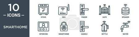 Téléchargez les illustrations : Smarthome icon set comprend poêle à ligne mince, wifi, doigt, porte, haut-parleur, interphone, icônes smarthome pour rapport, présentation, diagramme, conception web - en licence libre de droit