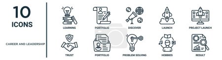 career and leadership outline icon set such as thin line learning, discover, project launch, portfolio, hobbies, result, trust icons for report, presentation, diagram, web design