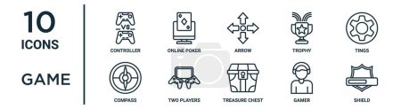 game outline icon set such as thin line controller, arrow, tings, two players, gamer, shield, compass icons for report, presentation, diagram, web design