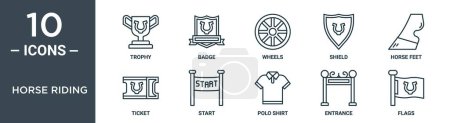 horse riding outline icon set includes thin line trophy, badge, wheels, shield, horse feet, ticket, start icons for report, presentation, diagram, web design