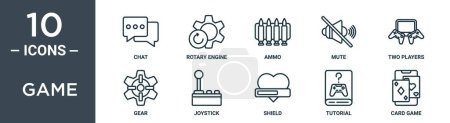 game outline icon set includes thin line chat, rotary engine, ammo, mute, two players, gear, joystick icons for report, presentation, diagram, web design