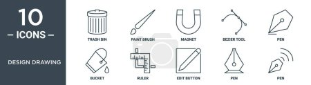 Design-Zeichnung Umriss Symbol-Set enthält dünne Linie Papierkorb, Pinsel, Magnet, Bezier-Tool, Stift, Eimer, Lineal-Symbole für Bericht, Präsentation, Diagramm, Web-Design