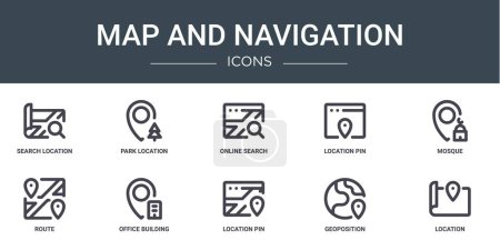 set of 10 outline web map and navigation icons such as search location, park location, online search, location pin, mosque, route, office building vector icons for report, presentation, diagram, web