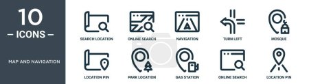 map and navigation outline icon set includes thin line search location, online search, navigation, turn left, mosque, location pin, park location icons for report, presentation, diagram, web design