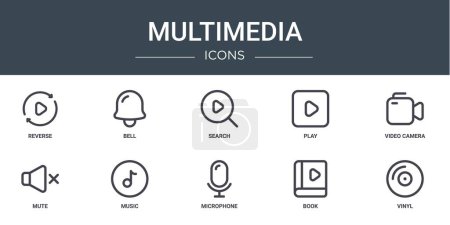 set of 10 outline web multimedia icons such as reverse, bell, search, play, video camera, mute, music vector icons for report, presentation, diagram, web design, mobile app