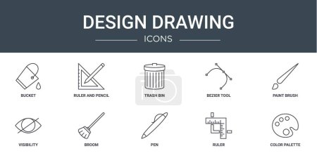 set of 10 outline web design drawing icons such as bucket, ruler and pencil, trash bin, bezier tool, paint brush, visibility, broom vector icons for report, presentation, diagram, web design, mobile