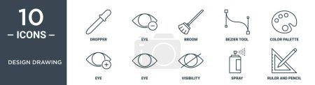 design drawing outline icon set includes thin line dropper, eye, broom, bezier tool, color palette, eye, eye icons for report, presentation, diagram, web design