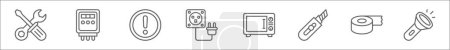 Umrisse von Stromtrassen-Symbolen. lineare Vektorsymbole wie Werkzeuge, Stromzähler, Gefahr, Stecker, Mikrowelle, Cutter, Isolierband, Taschenlampe