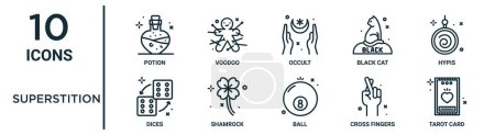 superstition outline icon set such as thin line potion, occult, hypis, shamrock, cross fingers, tarot card, dices icons for report, presentation, diagram, web design