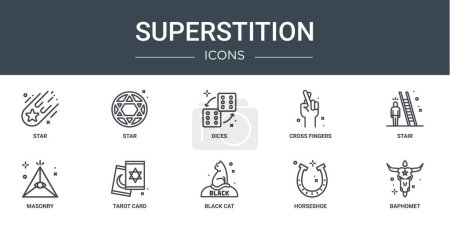 set of 10 outline web superstition icons such as star, star, dices, cross fingers, stair, masonry, tarot card vector icons for report, presentation, diagram, web design, mobile app