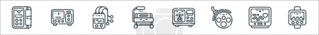 Ilustración de Esquema conjunto de iconos de línea de dispositivos electrónicos médicos. iconos vectoriales lineales como bomba de infusión, insuflador, holter, unidad de fototerapia, amaamador, lámpara de cirugía, monitor de frecuencia cardíaca, capnógrafo - Imagen libre de derechos