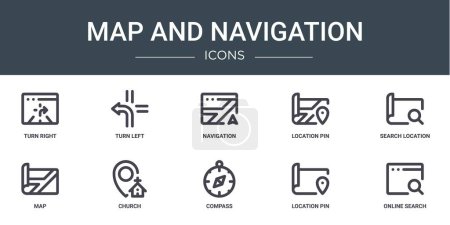 set of 10 outline web map and navigation icons such as turn right, turn left, navigation, location pin, search location, map, church vector icons for report, presentation, diagram, web design,