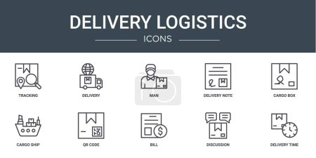 set of 10 outline web delivery logistics icons such as tracking, delivery, man, delivery note, cargo box, cargo ship, qr code vector icons for report, presentation, diagram, web design, mobile app