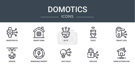 set of 10 outline web domotics icons such as smartwatch, smart home, cctv, toilet, smart lock, sensor, renewable energy vector icons for report, presentation, diagram, web design, mobile app