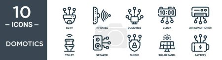 domotics umreißt Symbol-Set enthält dünne Linie cctv, Infrarot, Domotik, Uhr, Klimaanlage, Toilette, Lautsprecher-Symbole für Bericht, Präsentation, Diagramm, Web-Design