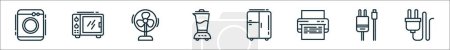 esquema conjunto de iconos de línea electrónica. iconos vectoriales lineales como el lavado de hine, microondas, ventilador, licuadora, refrigerador, impresora, cable de alimentación, cable de enchufe