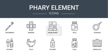 set of 10 outline web phary element icons such as toothbrush, bandage, online phary, pills, otoscope, eye drop, pills vector icons for report, presentation, diagram, web design, mobile app