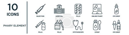 phary element outline icon set such as thin line injection, pills, eye drop, pills, syrup, eye drop, pills icons for report, presentation, diagram, web design