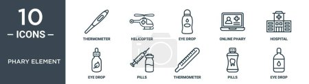 conjunto de iconos de esquema de elemento phary incluye termómetro de línea delgada, helicóptero, colirio, phary en línea, hospital, colirio, píldoras iconos para el informe, presentación, diagrama, diseño web