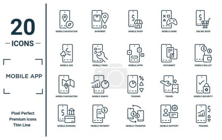 conjunto de iconos lineales aplicación móvil. incluye navegación móvil de línea delgada, anuncios móviles, navegación, banca, comercio, aplicaciones, iconos de seguridad para el informe, presentación, diagrama, diseño web