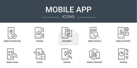 conjunto de 10 iconos de la aplicación móvil web esquema tales como navegación móvil, comercio, documento, búsqueda móvil, soporte, juego, iconos de vectores de viaje para el informe, presentación, diagrama, diseño web, aplicación
