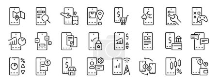 conjunto de 24 iconos de la aplicación móvil web esquema tales como navegación móvil, búsqueda móvil, viajes, envío, tienda en línea, anuncios, tings vector iconos para el informe, presentación, diagrama, diseño web, aplicación