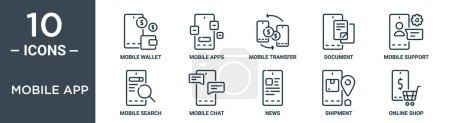 conjunto de iconos de esquema de aplicación móvil incluye billetera móvil de línea delgada, aplicaciones móviles, transferencia, documento, soporte, búsqueda, iconos de chat para el informe, presentación, diagrama, diseño web
