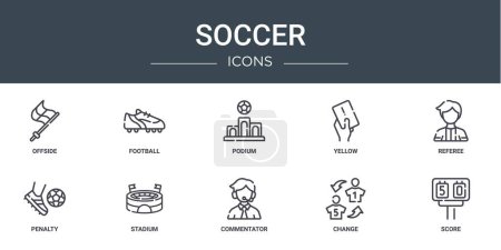 set of 10 outline web soccer icons such as offside, football, podium, yellow, referee, penalty, stadium vector icons for report, presentation, diagram, web design, mobile app
